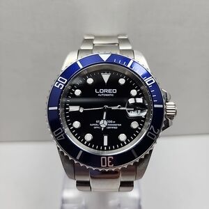 Mens Loreo Diver Automatic Date Watch 25 Jewel 40mm Blue Bezel Black Dial Runs